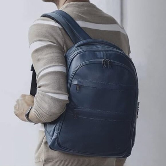 VELEZ Blue Leather Backpack -14 inch Laptop Bag - Water Resistant Backpack - Picture 2 of 8